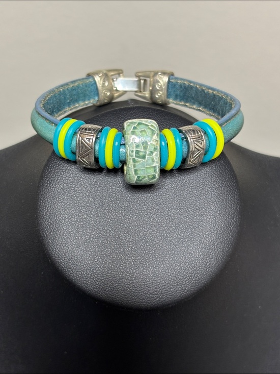 Source Unknown Jewelry - Ceramic Leather Boho Blue Green Beaded Bracelet